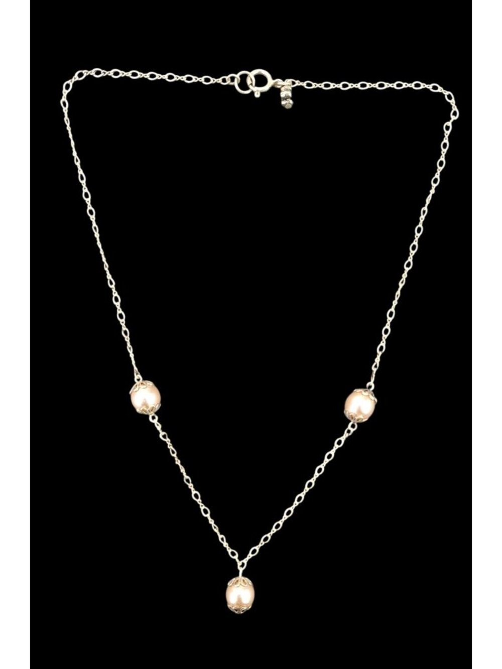 Vintage Sterling Silver Necklace Faux Pearls 16 Inches Elegant Floral Filigree - Picture 8 of 9